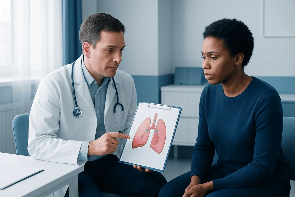 Doctor explaining lung diagram to patient in a medical consultation.