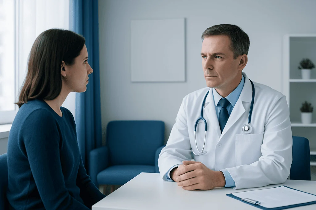 Doctor consulting with a patient in a modern medical office.