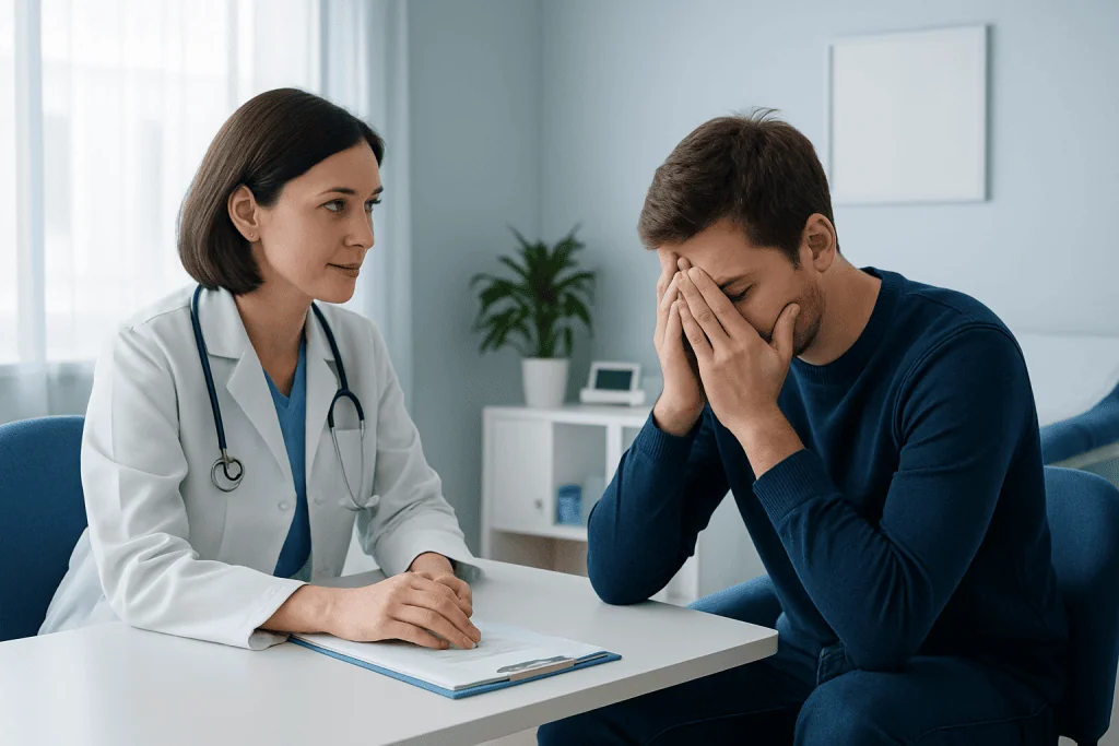 Doctor consulting with a patient experiencing anxiety or fear.