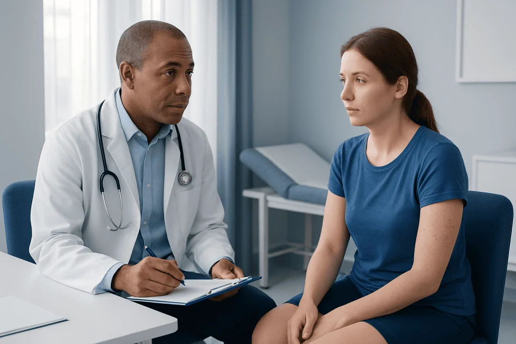 Doctor consulting with a female patient in a medical office.