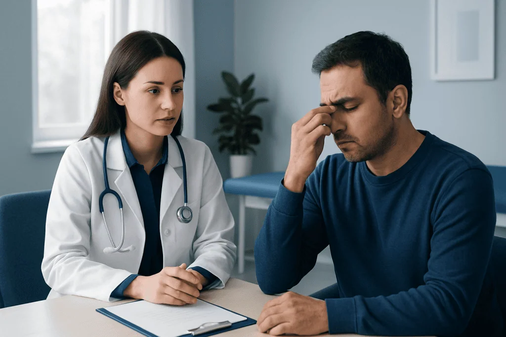 Doctor consulting with patient about sinus congestion symptoms.