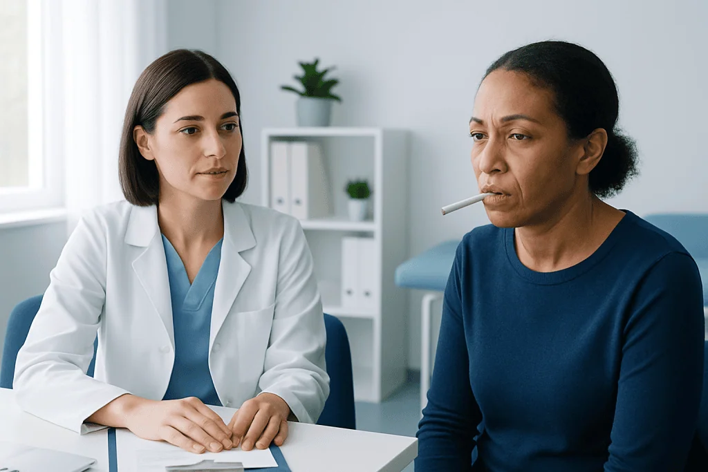 Doctor consulting with a patient about smoking-related health issues.