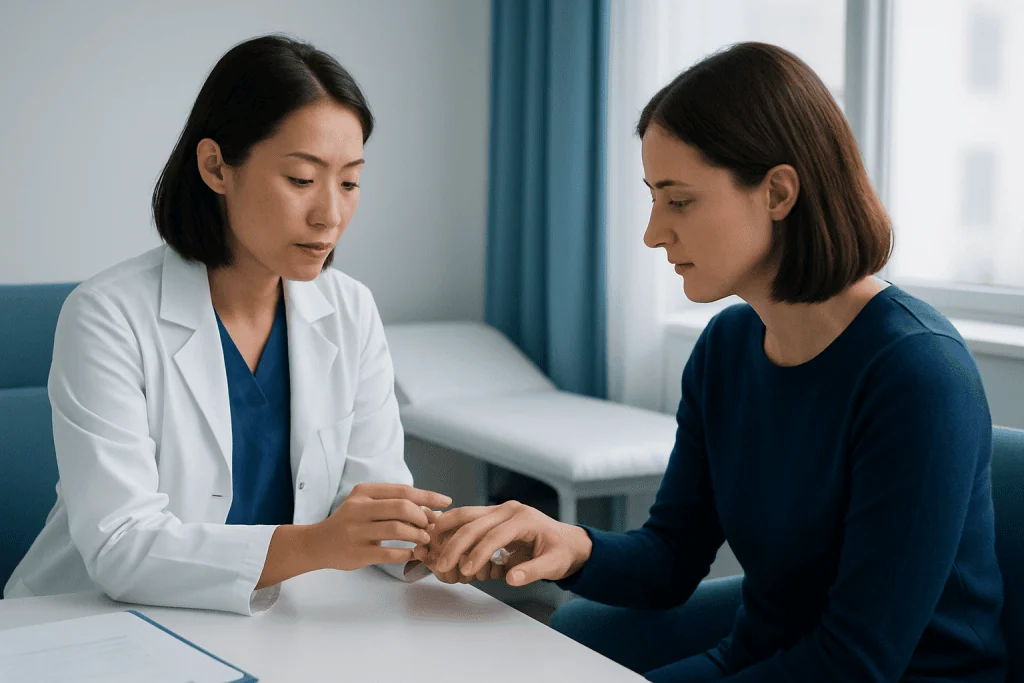 Doctor examining a patient's hand in a medical consultation room.