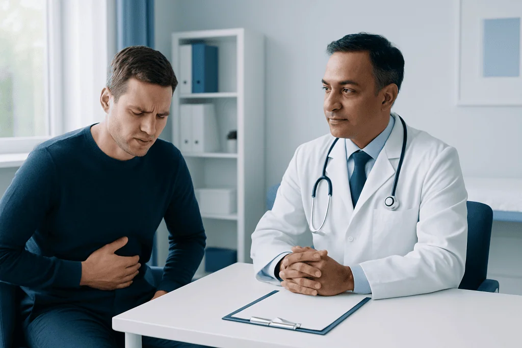Doctor consulting with patient experiencing stomach pain in a medical office.
