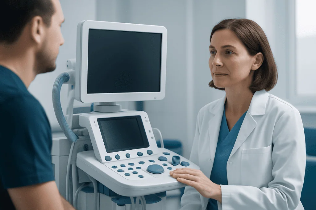 Doctor explaining ultrasound results to a patient in a medical clinic.