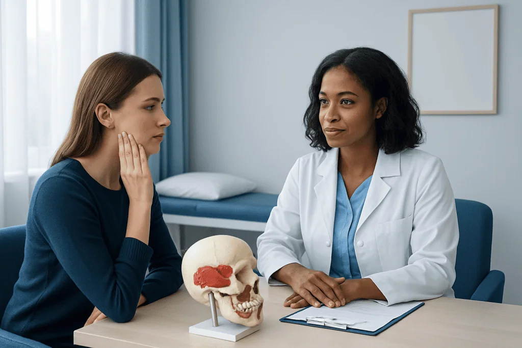 Doctor explaining TMD therapies to a patient in a consultation room.