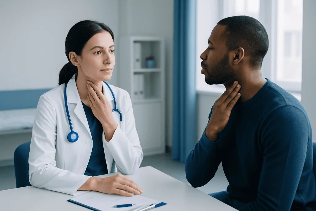Doctor examining a patient with sore throat in consultation room.