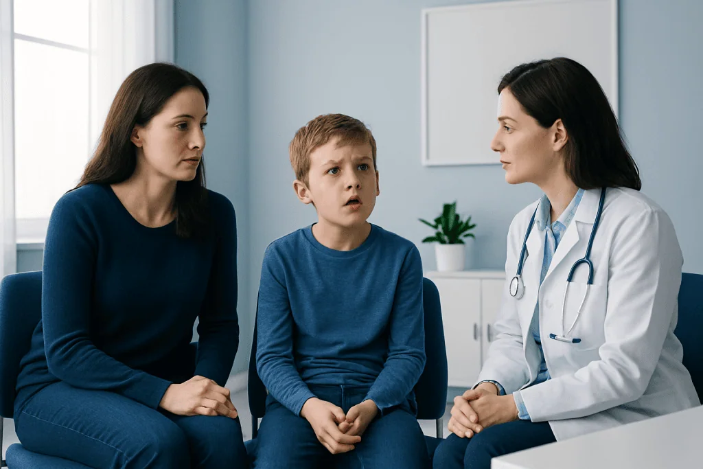 Child discussing health concerns with doctor and mother in clinic.