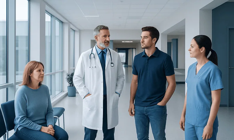 Medical consultation in a hospital corridor with doctor and patients.