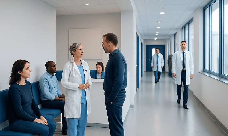 Medical professionals and patients in a hospital corridor at Acibadem Hospitals Group.