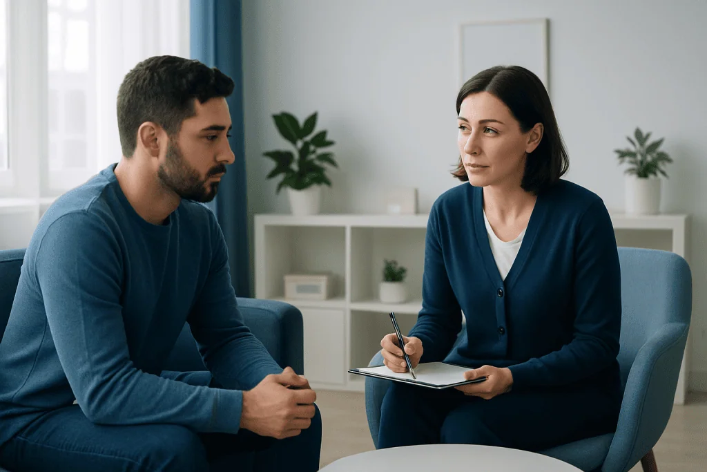 Therapist and patient in a counseling session at Acibadem Hospitals Group.