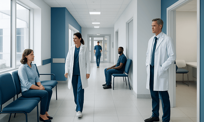 Medical professionals and patients in a hospital corridor at Acibadem Hospitals Group.