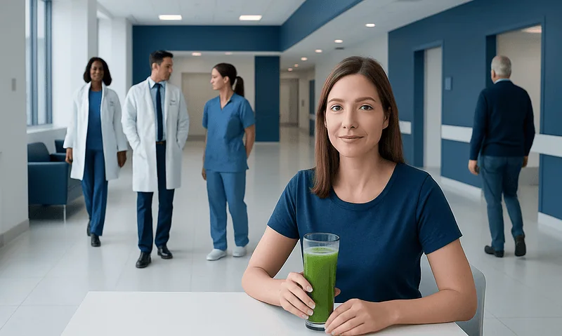Healthy woman drinking green juice in hospital lobby with medical staff in background.