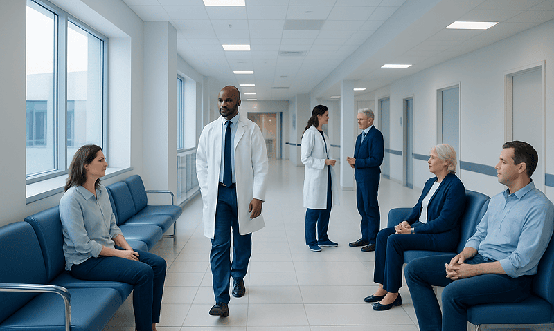 Medical consultation in hospital corridor with doctors and patients.
