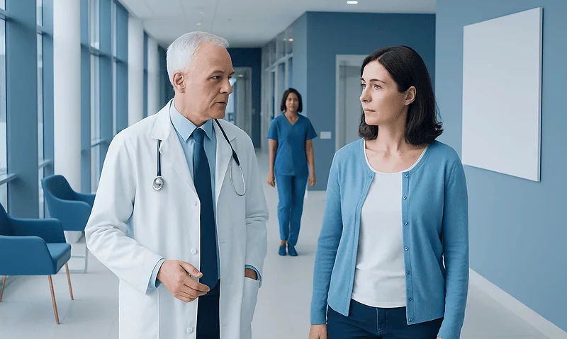 Doctor and patient having a discussion in a hospital corridor.