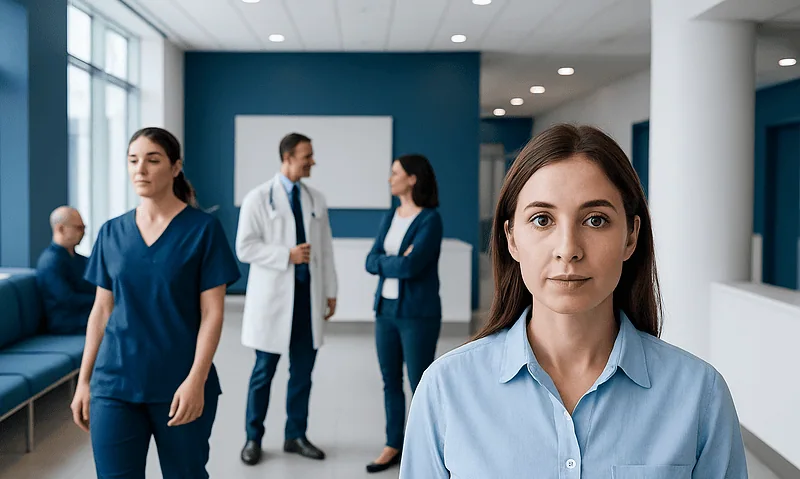 Healthcare professionals in a modern hospital corridor with a patient in the foreground.