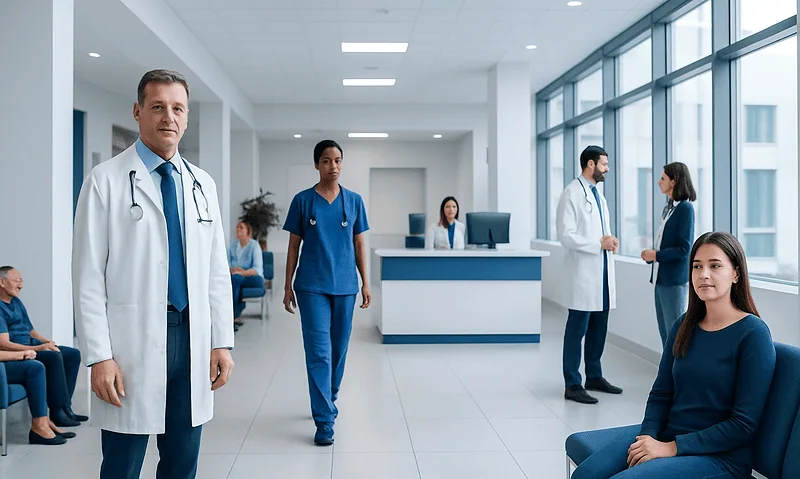 Medical staff and patients in a modern hospital waiting area.