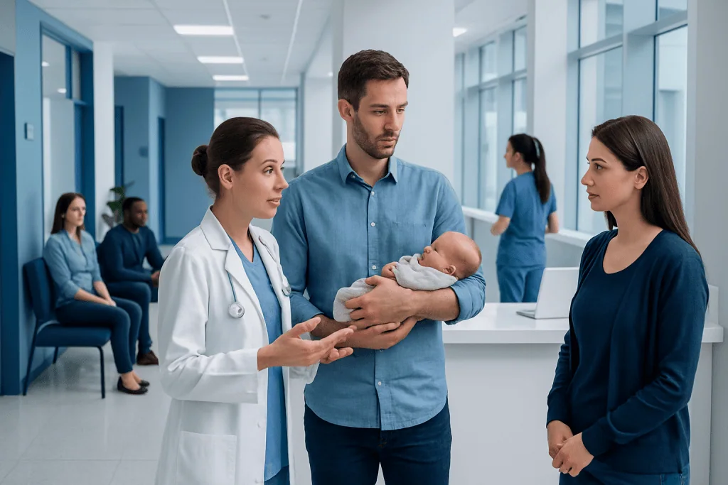 Cephalohematoma: Early Signs, Risk Factors, and How It Is Treated 1 Pediatric consultation at Acibadem Hospital with doctor and parents.