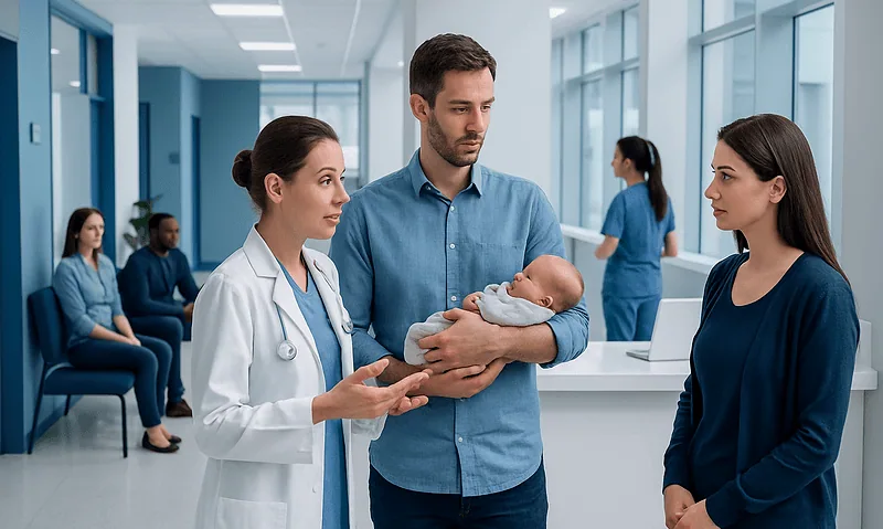 Pediatric consultation at Acibadem Hospital with doctor and parents.