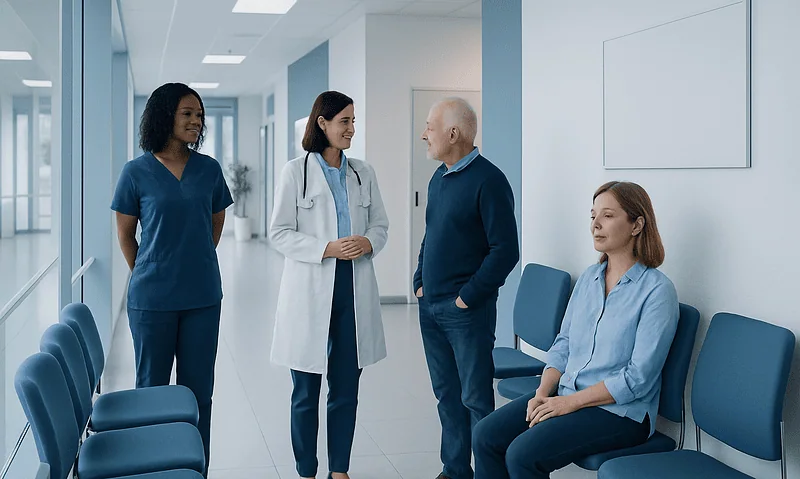 Health Library 11 Healthcare professionals and patient in hospital corridor.