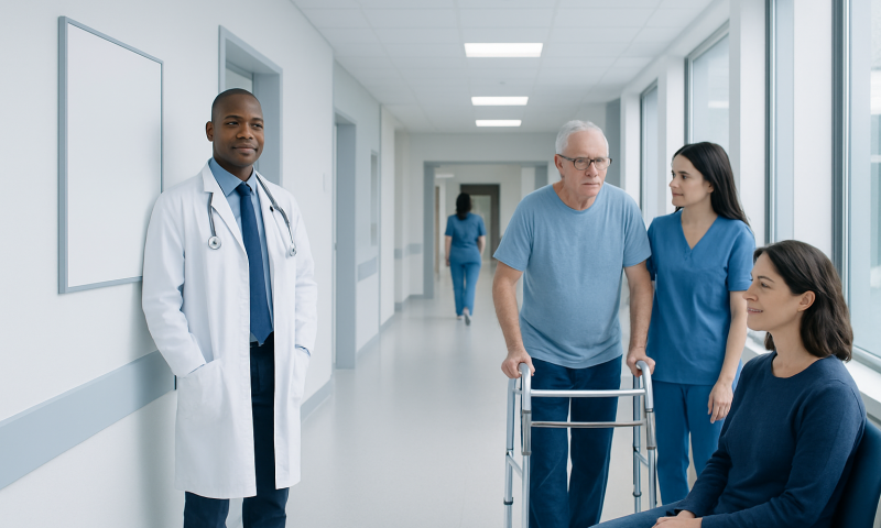 Healthcare professionals assisting an elderly patient in hospital corridor.