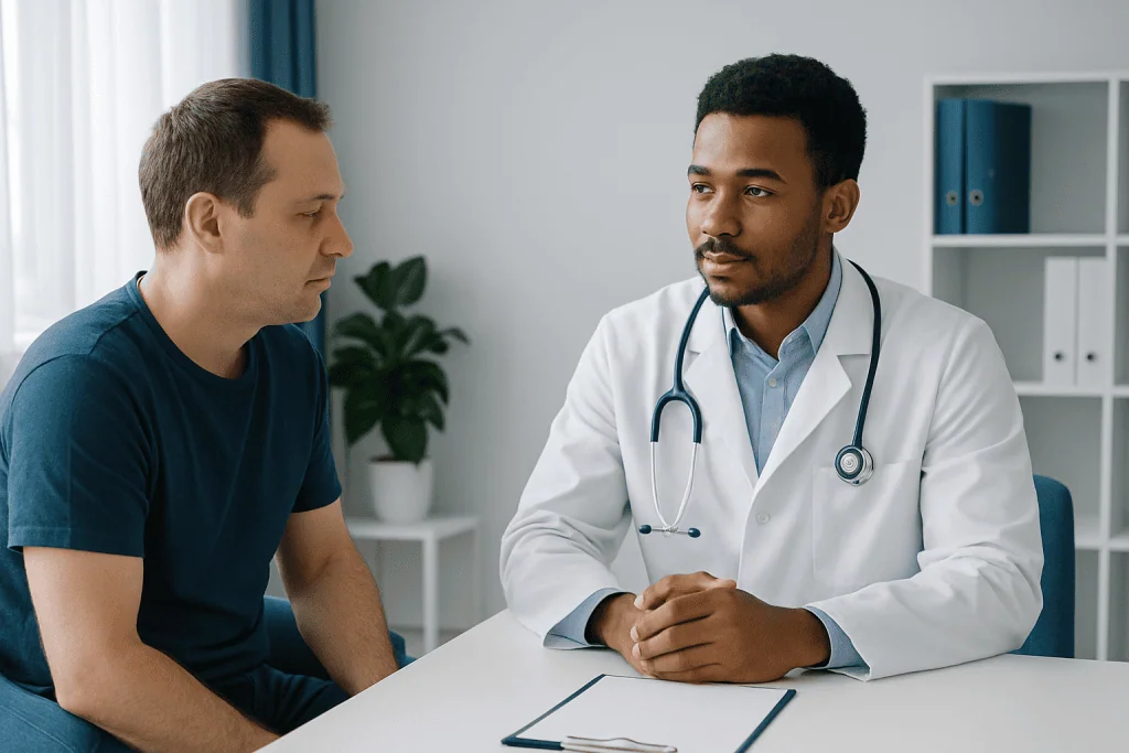 Doctor consulting with a patient in a medical office setting.