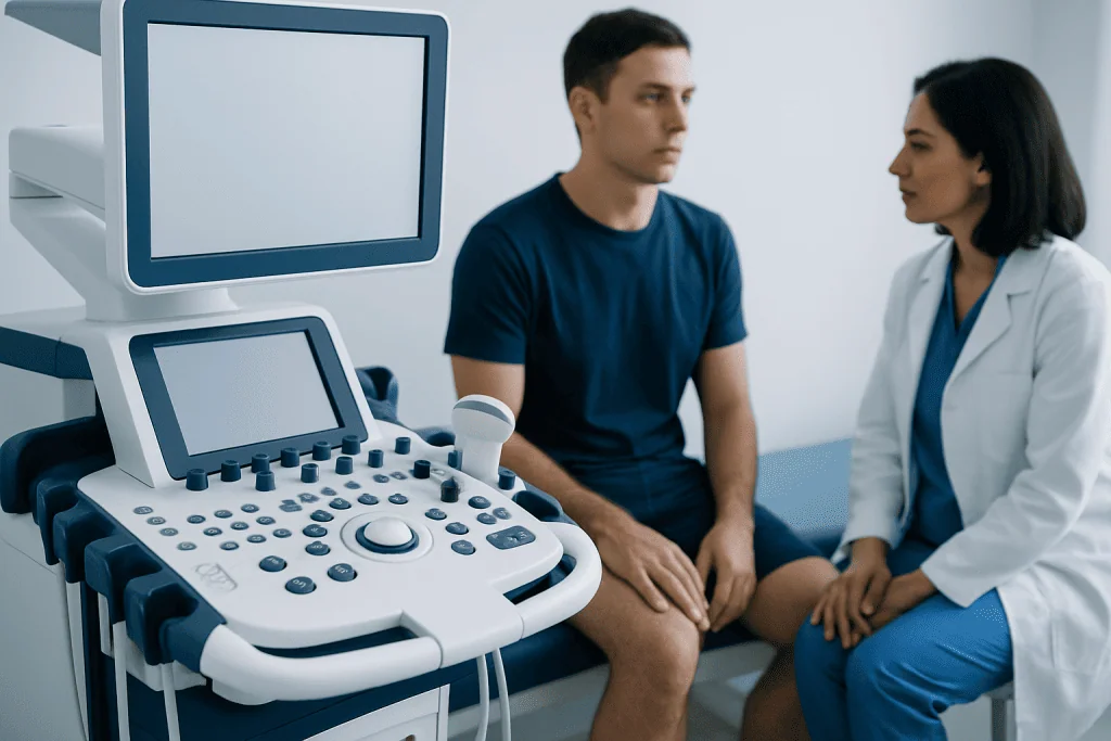 Urologist consulting male patient with ultrasound equipment in clinic.