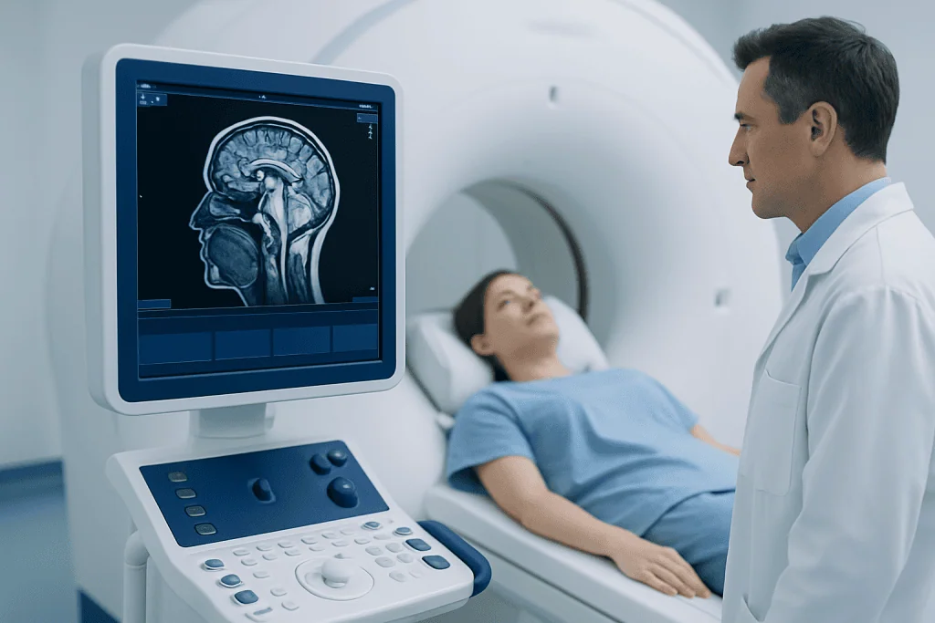 Doctor reviewing brain MRI scan of patient in hospital setting.