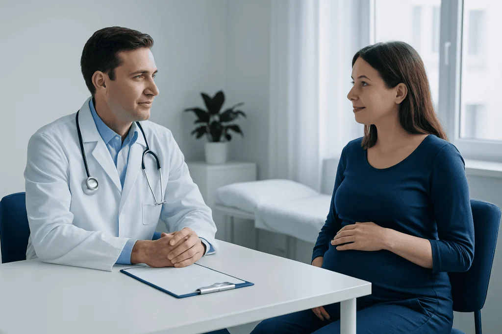 Doctor consulting with a pregnant woman in a medical office.
