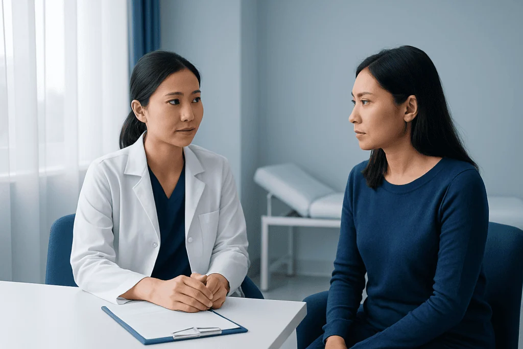 Doctor consulting with patient in a medical office setting.