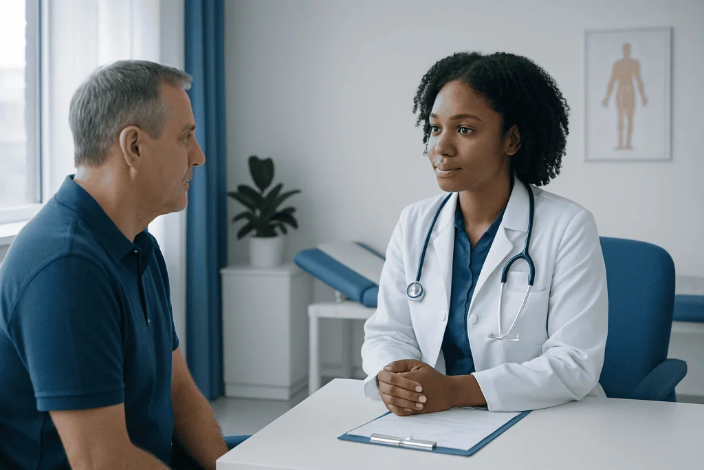 Doctor consulting with a patient in a medical office setting.