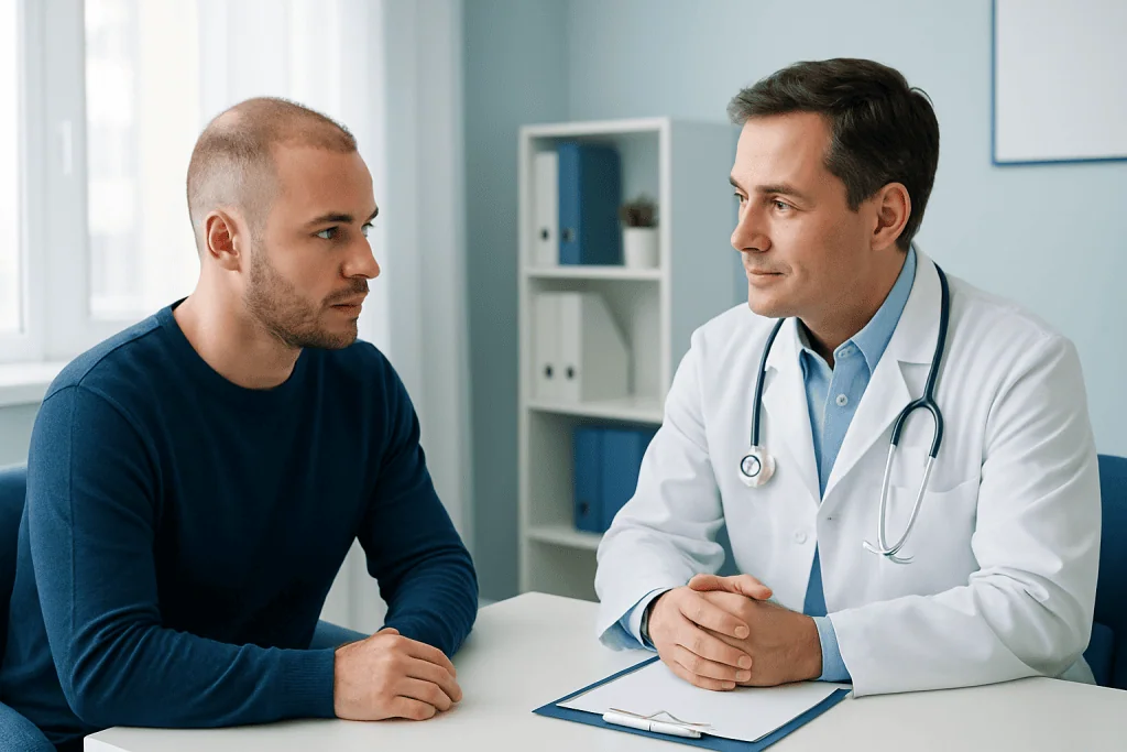 Doctor consulting with a patient about hair transplant recovery at Acibadem Hospital.