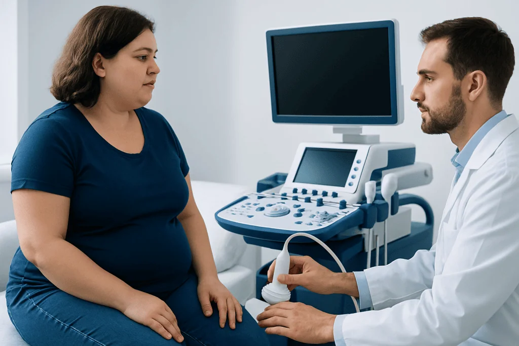 Doctor performing an ultrasound on a pregnant woman in a medical clinic.