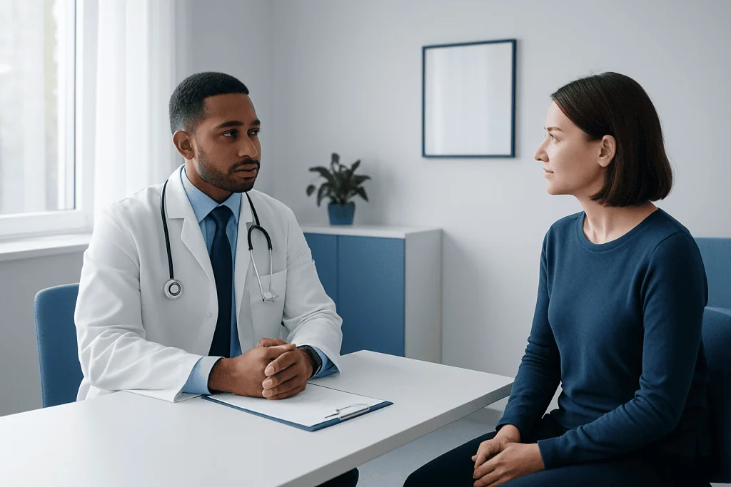 Doctor consulting a patient in a modern medical office setting.