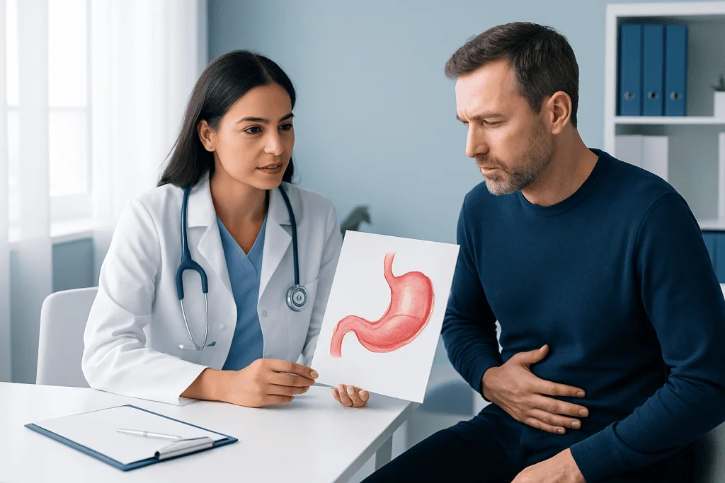 Doctor explaining stomach anatomy to patient in a medical consultation.