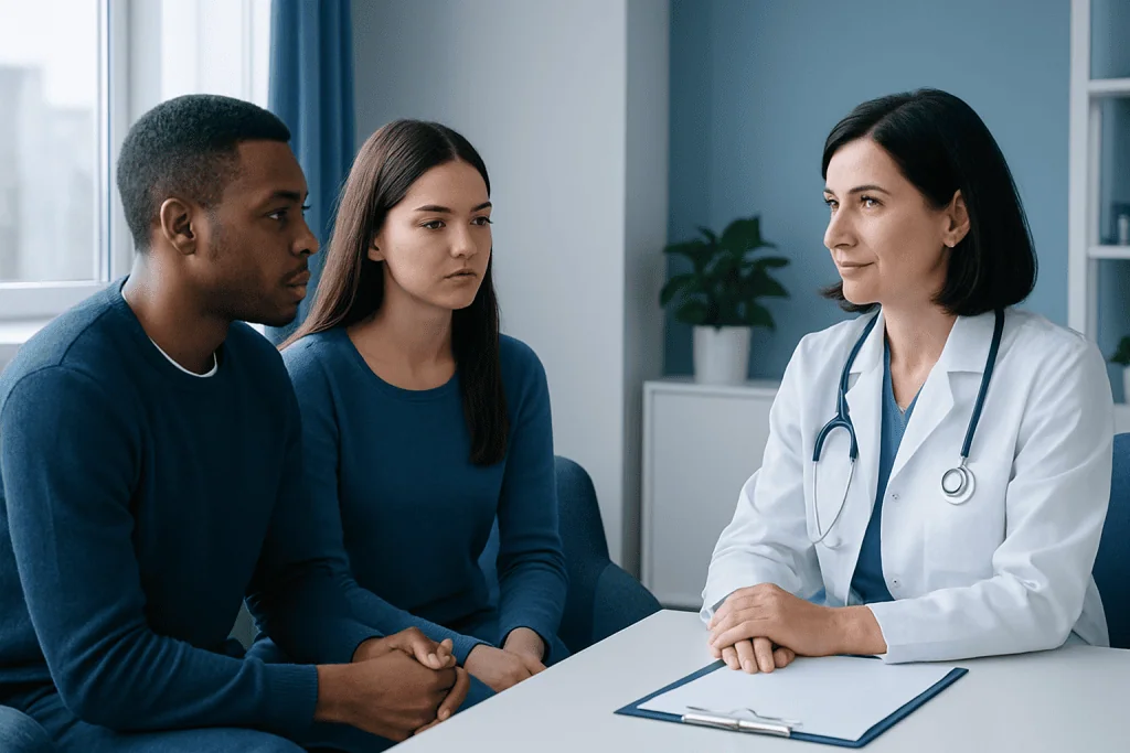 Doctor consulting with a couple in a medical office setting.
