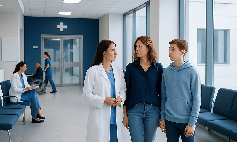 Doctor talking to a mother and son in hospital corridor.