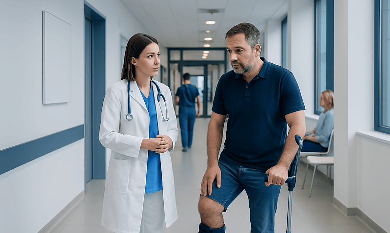 Doctor consulting with a patient in a hospital corridor.