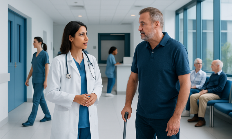 Doctor talking to a patient in a hospital corridor with other staff and patients in background.