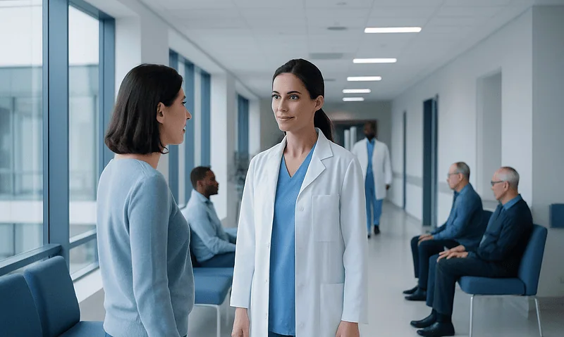 Doctor consulting patient in hospital corridor with waiting area.