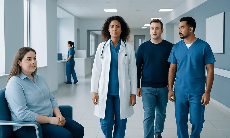 Medical team in hospital corridor with patient and staff in scrubs and white coat.