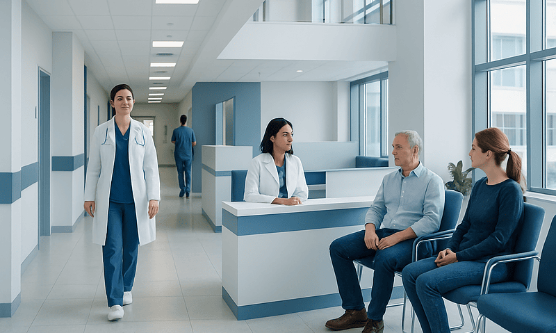 Medical consultation in a modern hospital corridor with doctors and patients.
