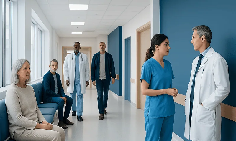 Medical team discussing patient care in hospital corridor.