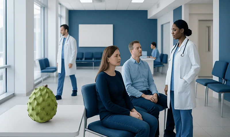 Doctor consulting female patient in hospital waiting area with soursop fruit on table.