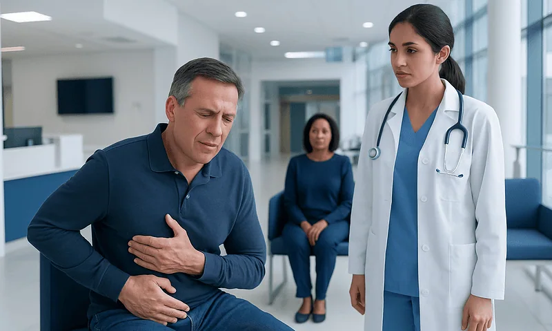 Patient experiencing chest pain during medical consultation at Acibadem Hospital.