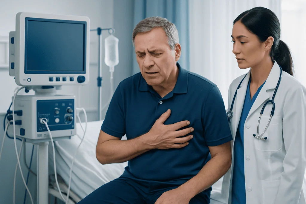 Patient experiencing chest discomfort in hospital with doctor nearby.