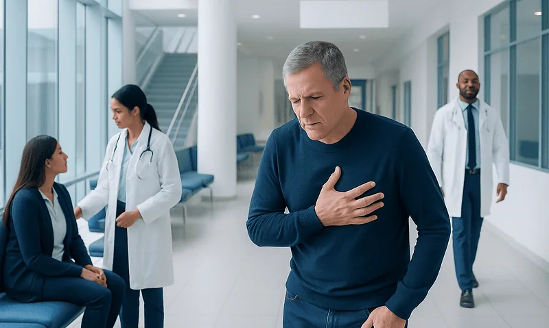 Man experiencing chest pain in a hospital corridor with medical staff nearby.