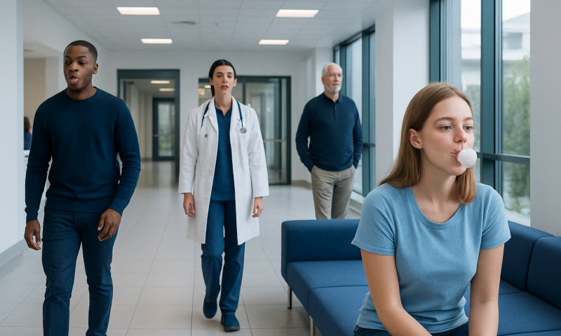 Young woman blowing bubble gum in hospital waiting area with medical staff.