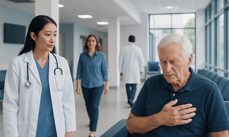 Elderly man experiencing chest pain in hospital corridor with medical staff nearby.