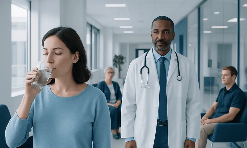 Chia Seed Water: A Complete Medical Overview 12 Medical professional observing a woman drinking water in a hospital corridor.